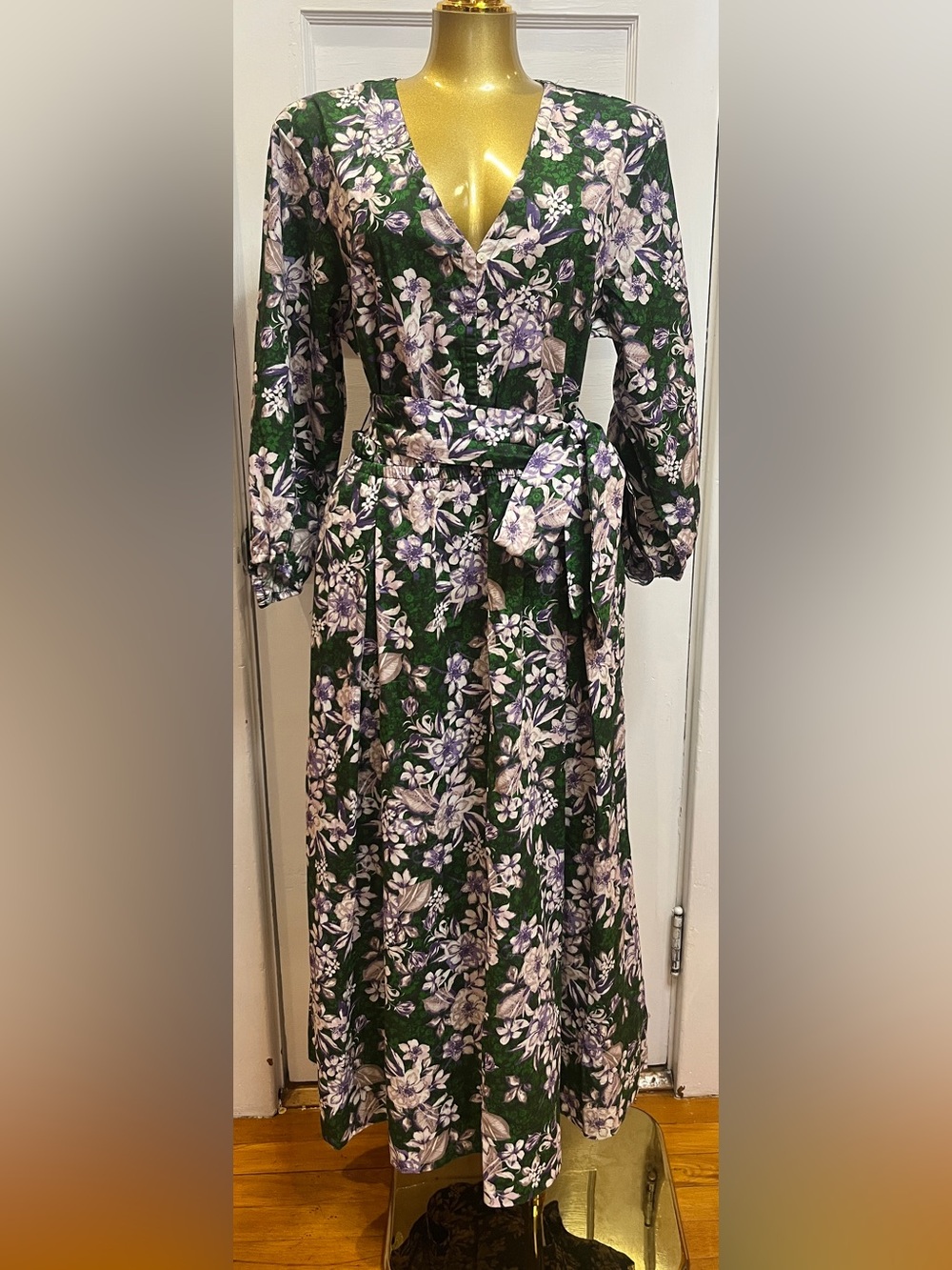 Tower Hill Christie Brinkley Cotton Poplin Floral Belted Midi Dress Green M NWOT